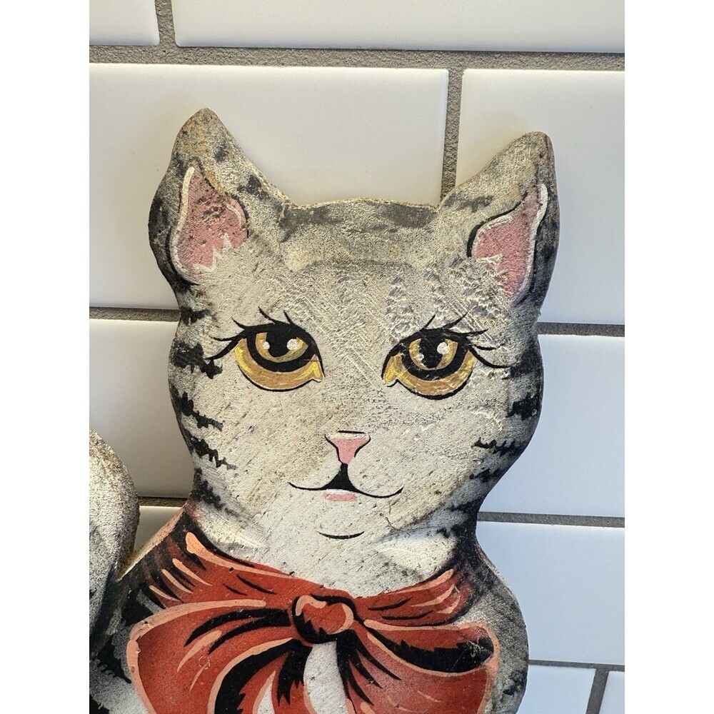 Hand Made Wood Cat 13" Tall Primitive Decor Painted Floral Folk Art Kitty Signed - Picture 13 of 13